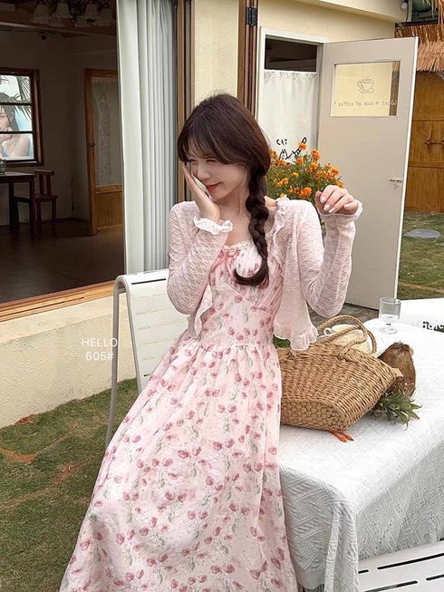 Ladies Spaghetti Straps Floral Print Long Dress